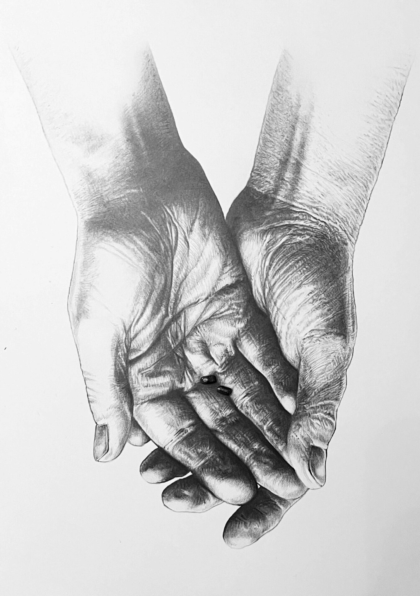 Reaching (accountability), 2025, paper, graphite and broken pencil bits, 29,7x21x0,3 cm.